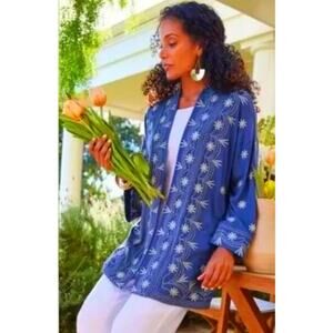 Soft Surroundings Jovie Blue Embroidered Kimono Cardigan S/M